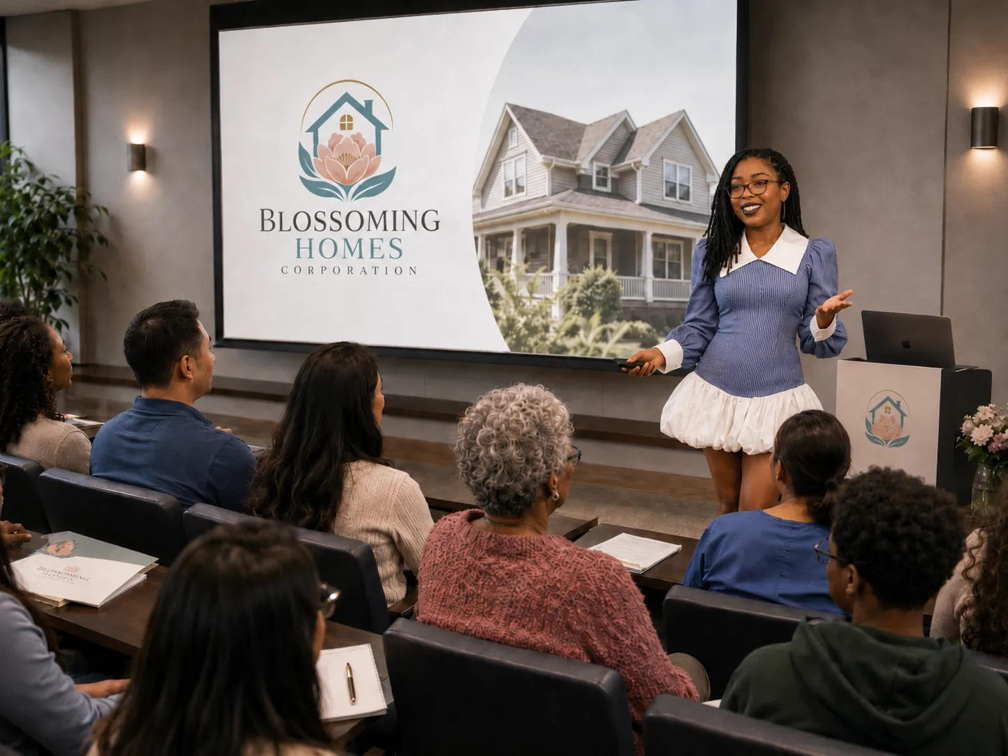 Approved Blossoming Homes classroom image with Moremi Wolcott presenting to a diverse theater-style audience