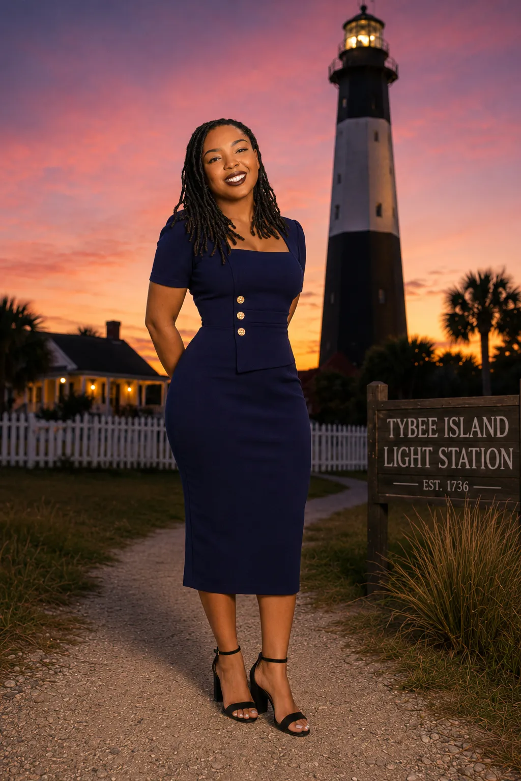 Moremi Wolcott at the Tybee Island Light Station at dusk