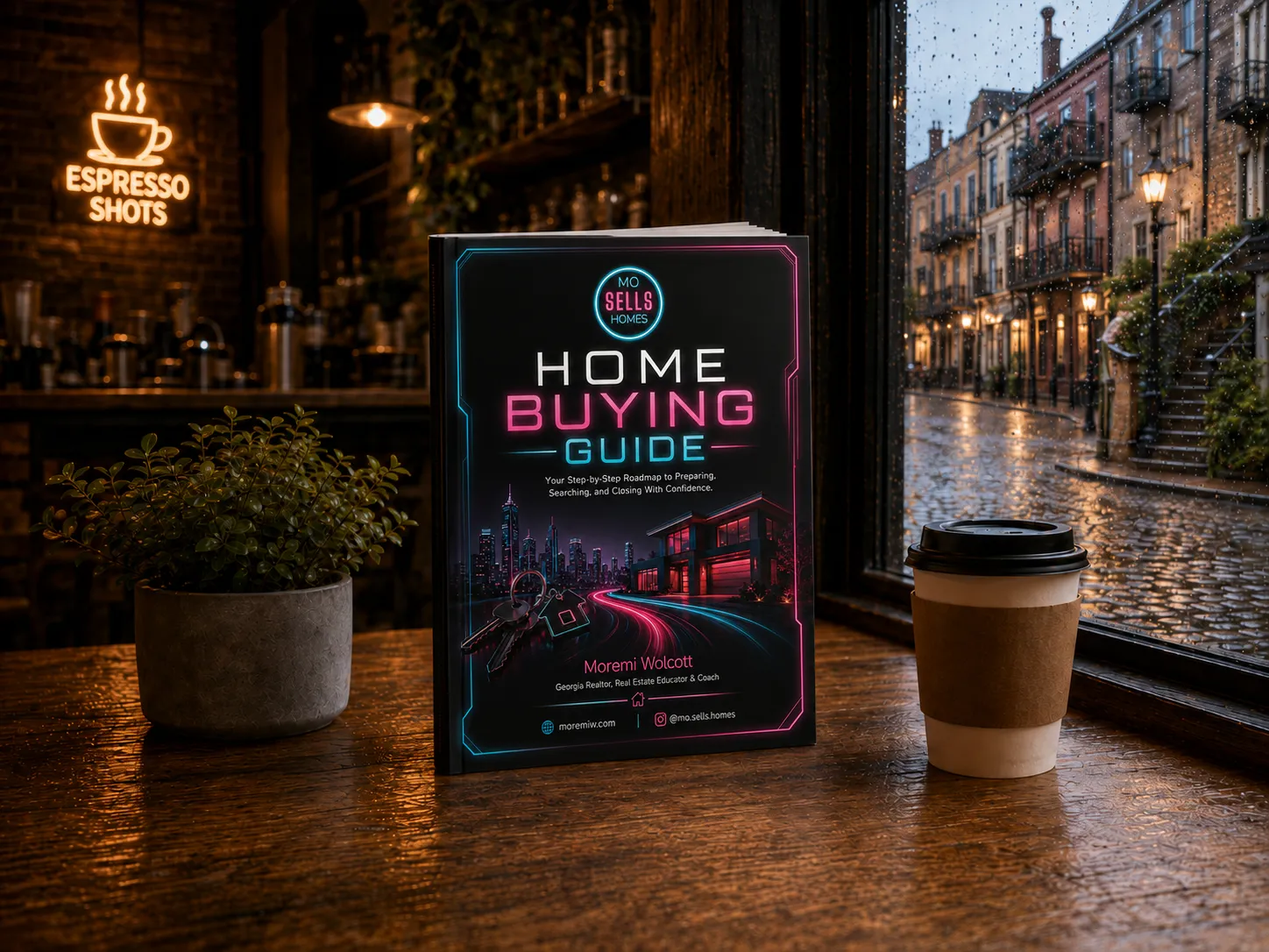 Home Buying Guide standing on a rustic café table beside coffee and a rainy Savannah street
